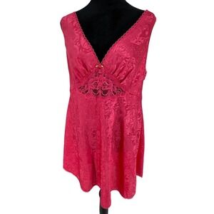 Vtg Jacquard Lace Cut Out Slip Cami Dress Womens Size Large Hot Pink Satin Silky
